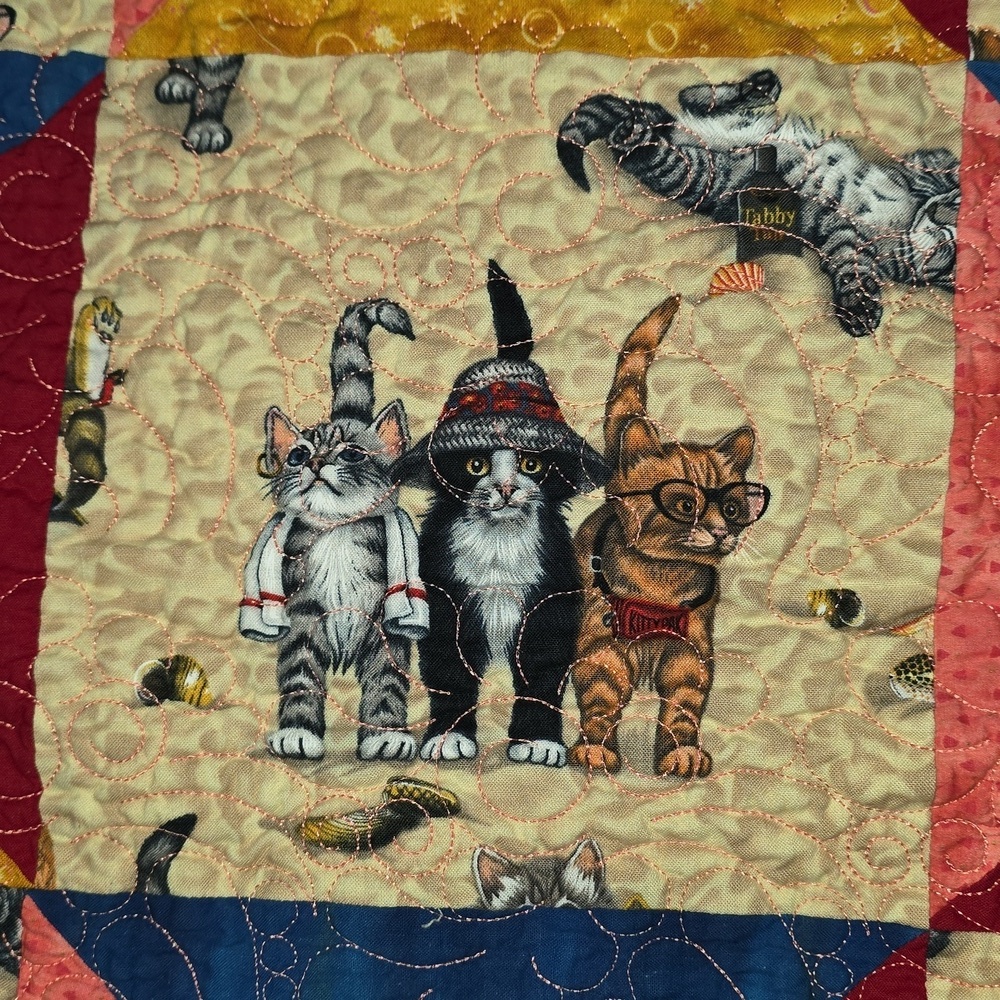 Handmade Cats At The Beach Quilt Blanket 54 X 60 Decorative Quilting Cat Lover​​ - Picture 4 of 10